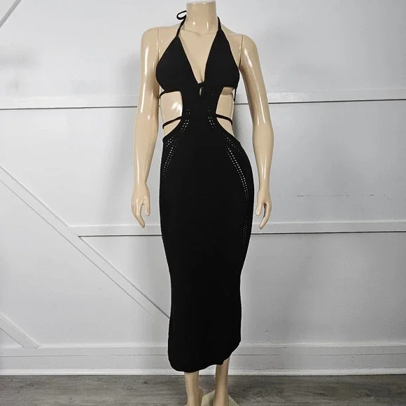 Babyboo Arabella Black Crochet Knit Halter Midi Dress Side Cutouts Women Small - Picture 4 of 11
